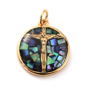 Natural Shell Pendants, with Golden Brass Findings, Flat Round with Jesus, Colorful, 18x16x3.5mm, 3.5mm Inner Diameter.