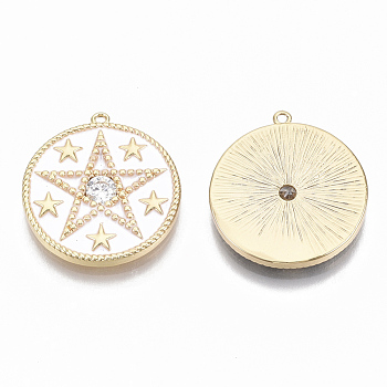 Brass Micro Pave Clear Cubic Zirconia Pendants, with Enamel, Nickel Free, Flat Round with Star, Real 18K Gold Plated, White, 21x19.5x2.5mm, Hole: 1mm