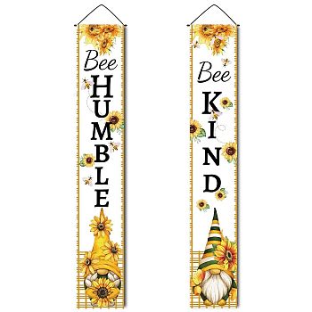 Hanging Polyester Banner Sign for Home Office Front Door Porch Welcome Decorations, Rectangle with Word BEE HUMBLE BEE KIND, Gnome Pattern, 180x30mm, 2pcs/set