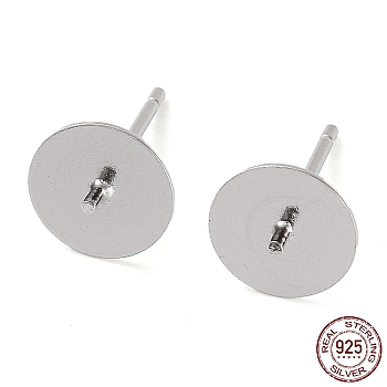 Rhodium Plated 925 Sterling Silver Stud Earring Findings, Flat Pad, for Half Drilled Bead, with S925 Stamp, Real Platinum Plated, 13x8mm, Pin: 0.7mm
