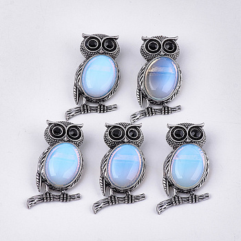 Opalite Brooches/Pendants, with Rhinestone and Alloy Findings, Owl, Antique Silver, 51x28~29x15~16.5mm, Hole: 4.5x8.5mm, Pin: 0.5mm
