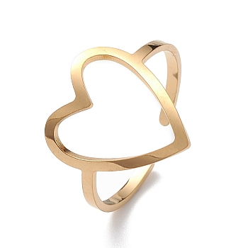 Hollow Out Heart 304 Stainless Steel Open Cuff Ring for Women, Golden, Inner Diameter: 19mm