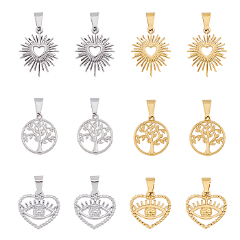 12Pcs 6 Style Vacuum Plating 304 Stainless Steel Pendants, Hollow Heart & Flat Round with Tree of Life Charms, Mixed Color, 17.5~22.5x16~18.5x1.5~2mm, Hole: 3.5~4x6~6.5mm, 2pcs/style