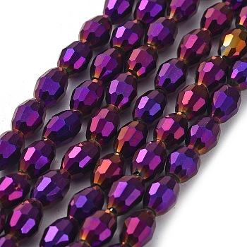 Electroplate Glass Beads Strands, Purple Plated, Faceted Oval, Indigo, bead: 8mm long, 6mm thick, hole: 1.5mm, about 72pcs/strand