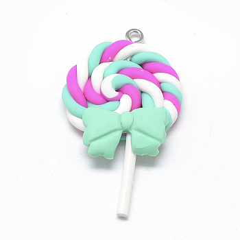 Handmade Polymer Clay Pendants, Lollipop with Bowknot, Aquamarine, 40~53x27~30x7~9mm, Hole: 2mm
