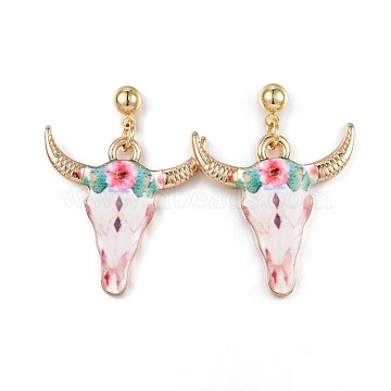 Real 14K Gold Plated Alloy Dangle Earrings, with Enamel and Environment Stainless Steel Pins, Printed, Antelope Skull, Colorful, 28.5x22mm, Pin: 0.7mm(EJEW-G148-10G-01)