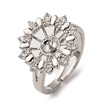 Flower Brass Micro Pave Clear Cubic Zirconia Cuff Ring Settings, For Half Drilled Beads, Cadmium Free & Lead Free, Platinum, Tray: 9.5mm, Pin: 1mm, Inner Diameter: 19mm(KK-D378-33P)