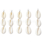 5Pcs Natural Cowrie Shell Beaded Big Pendants, with Copper Wire Loops, Platinum, Seashell Color, 73.5x16x7mm, Hole: 3mm(PALLOY-JF03807-S)