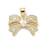 Brass Micro Pave Cubic Zirconia Pendants, Bowknot Charms, Rack Plating, Long-Lasting Plated, Lead Free & Cadmium Free, Real 18K Gold Plated, 14x19x4mm, Hole: 4x3mm(KK-P345-40G)