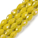 Opaque Solid Color Electroplate Glass Beads Strands, AB Color Plated, Faceted, Teardrop, Champagne Yellow, 11.5x8mm, Hole: 1.2mm, about 55~57pcs/strand, 25.59 inch(65cm)(EGLA-N013-P8mm-B06)
