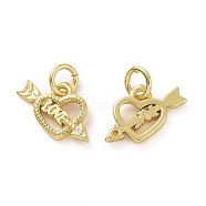 Brass Micro Pave Cubic Zirconia Charms, Real 18K Gold Plated, with Jump Ring, Heart & Arrow & Word Love, Clear, 9x12.5x2mm, Jump Ring: 5x0.8mm, Inner Diameter: 3.2mm(KK-E068-VF038)