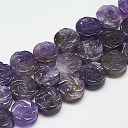 Carved Natural Amethyst Beads Strands, Flat Round with Rose, 10x6.5~7mm, Hole: 1mm, about 15pcs/strand, 8 inch(G-T122-07A)