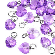 Faceted Transparent Glass Charms, with Iron Jump Ring, Heart, Medium Purple, 13~14x10x5~6mm, Hole: 4mm(GLAA-T024-04B)