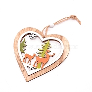 Wooden Ornaments, with Jute Twine, for Party Gift Home Decoration, Heart Shape with Elk Christmas Reindeer/Stag Pattern, BurlyWood, 20cm(WOOD-WH0107-65)