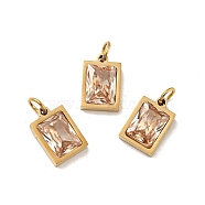 PVD Vacuum Plating 304 Stainless Steel Pendants, with Cubic Zirconia and Jump Rings, Single Stone Charms, Rectangle, Golden, PeachPuff, 11.5x8x3.5mm, Hole: 3.6mm(STAS-D189-03G-B09)