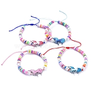 Adjustable Nylon Thread Braided Bead Bracelets, with Unicorn Printed Alloy Enamel Links, Flower Polymer Clay Beads and Round Glass Pearl Beads, Mixed Color, Inner Diameter: 2 inch~3 inch(5~7.5cm)(BJEW-JB05217-M)