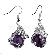 Natural Amethyst Dragon Dangle Earrings, Platinum Brass Jewelry for Women, 42mm, Pin: 0.6mm(EJEW-A092-06P-01)