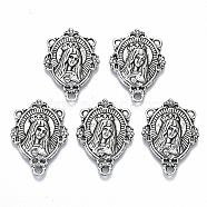 Alloy Chandelier Component Links, 3 Loop Connectors, for Religion, Cadmium Free & Lead Free, Oval with Virgin Mary & Words, Antique Silver, 29x20x3mm, Hole: 1.8mm and 1mm, about 298~310pcs/1000g(TIBE-N011-002AS-RS)