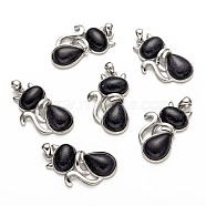 Synthetic Blue Goldstone Kitten Pendants, with Brass Findings, Cat Silhouette Shape, Platinum, 45x27x8mm, Hole: 5x7mm(G-P352-B03)