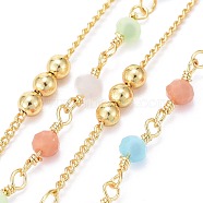 Handmade Brass Curb Chains, with Faceted Glass Links, Brass Beads and Spool, Soldered, Long-Lasting Plated, Real 18K Gold Plated, Colorful, 1.7x1.3x0.4mm, Beads: 3.5x2.5~3mm and 3mm, about 32.8 Feet(10m)/roll(CHC-I035-02G-02)