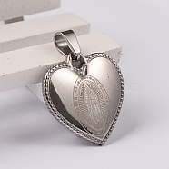 304 Stainless Steel Religion Pendants, Heart with Virgin Mary/Our Lady of Guadalupe, Stainless Steel Color, 22x21.5x3.5mm, Hole: 7x4mm(X-STAS-M232-11P)