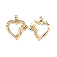 Brass Micro Pave Clear Cubic Zirconia Pendants, Heart with Rose Charm, Real 18K Gold Plated, 22x21.5x3.5mm, Hole: 4.5x3mm(KK-E068-VC046)