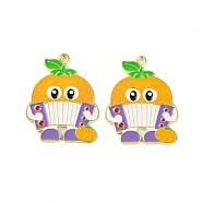 Golden Plated Alloy Enamel Pendants, Cadmium Free & Lead Free, Cartoon Fruits with Harp, Orange, 31x24x1mm, Hole: 1.6mm(ENAM-Z017-10G-04)