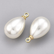ABS Plastic Imitation Pearl Pendants, with Brass Findings, teardrop, Real 18K Gold Plated, Creamy White, 17.5x10mm, Hole: 1.5mm(KK-S348-179)