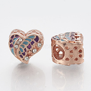 Alloy Rhinestone European Beads, with Enamel, Large Hole Beads, Heart, Indigo & Deep Sky Blue, Crystal, Rose Gold, 11.5x12.5x10.5mm, Hole: 5mm(X-MPDL-Q209-015RG)