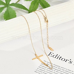 Ion Plating(IP) 304 Stainless Steel Religion Curved Cross Pendant Cable Chain Necklaces for Women, Real 18K Gold Plated, 17.52 inch(44.5cm)(NJEW-P320-13G)