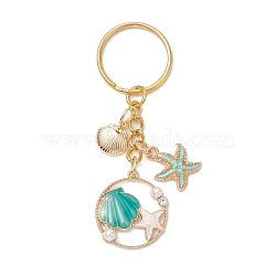 Alloy Enamel Pendant Keychian, with Iron Ring, Golden, Shell & Starfish, Turquoise, 7.8cm(KEYC-JKC00800-01)