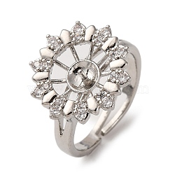 Flower Brass Micro Pave Clear Cubic Zirconia Cuff Ring Settings, For Half Drilled Beads, Cadmium Free & Lead Free, Platinum, Tray: 9.5mm, Pin: 1mm, Inner Diameter: 19mm(KK-D378-33P)