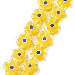 Handmade Millefiori Glass Bead Strands, Flower, Yellow, 10~12x4mm, Hole: 1mm, about 35~38pcs/strand, 16 inch(X-LAMP-J035-10mm-01)