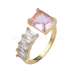 Cubic Zirconia Rectangle Open Cuff Ring, Real 18K Gold Plated Brass Jewelry for Women, Nickel Free, Pearl Pink, US Size 6 1/4(16.7mm)(RJEW-N035-123D)