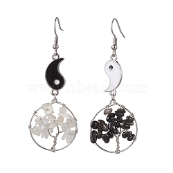 Natural Moonstone and Natural Obsidian Dangle Earrings, with Alloy Enamel Findings and 316 Stainless Steel Earring Hooks, Tree of Life, 67x24.5mm(EJEW-JE05743)