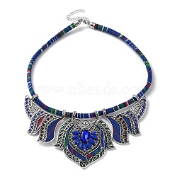 Alloy Rhinestone Teardrop Bib Necklace, Bohemia Necklace with Cloth Cords, Blue, 18.70 inch(47.5cm)(NJEW-C029-01A)