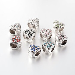 Antique Silver Tone Alloy Rhinestone European Beads, Heart Large Hole Beads, Mixed Color, 9.5x10.5x9mm, Hole: 5mm(CPDL-E030-M)