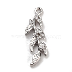 Brass Pave Clear Cubic Zirconia Pendants, Leaf, Platinum, 25x8x3mm, Hole: 1.4mm(KK-Z061-15P-02)