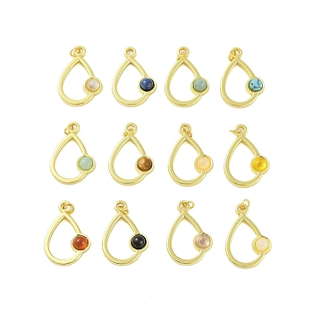 Natural & Synthetic Mixed Gemstone Pendants, 304 Stainless Steel Teardrop Charms with Jump Rings, Real 18K Gold Plated, 21x14.5x4mm, Hole: 2.5mm