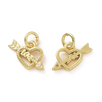 Brass Micro Pave Cubic Zirconia Charms, Real 18K Gold Plated, with Jump Ring, Heart & Arrow & Word Love, Clear, 9x12.5x2mm, Jump Ring: 5x0.8mm, Inner Diameter: 3.2mm