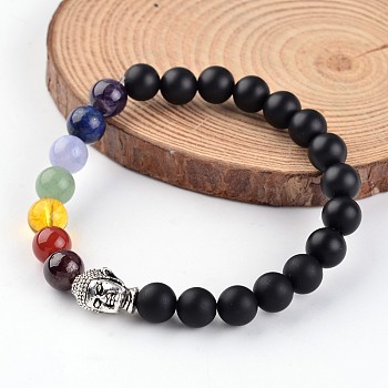 Buddha Head Natural Black Agate(Dyed) Beaded Chakra Stretch Bracelets, with Gemstone Beads and Tibetan Style Alloy Beads, 55mm