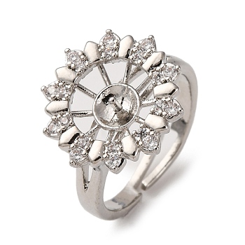 Flower Brass Micro Pave Clear Cubic Zirconia Cuff Ring Settings, For Half Drilled Beads, Cadmium Free & Lead Free, Platinum, Tray: 9.5mm, Pin: 1mm, Inner Diameter: 19mm