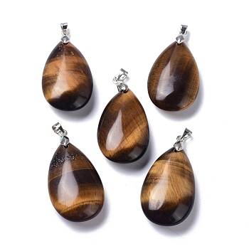 Natural Tiger Eye Pendants, with Brass Finding, Teardrop, 35x20x7.5~9mm, Hole: 4x3.5mm