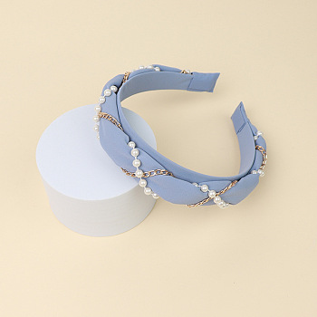 Cloth Hair Bands, with Plastic Pearl & Alloy Chains, Hair Accessories for Women Girls, Light Steel Blue, 30mm, Inner Diameter: 140x160mm
