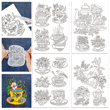 4 Sheets 11.6x8.2 Inch Stick and Stitch Embroidery Patterns, Non-woven Fabrics Water Soluble Embroidery Stabilizers, Teacup, 297x210mmm