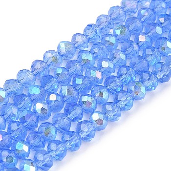 Electroplate Glass Beads Strands, Half Rainbow Plated, Faceted, Rondelle, Cornflower Blue, 3.5~3.8x3mm, Hole: 0.4mm, about 113~115pcs/strand, 32.5~33cm