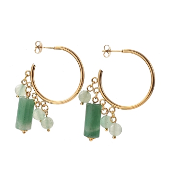 304 Stainless Steel Dangle Stud Earrings, Half Hoop Earrings, with Ear Nuts, Natural Green Aventurine Beads and Flower Alloy Spacer Beads, 33x30mm, Pin: 0.6mm