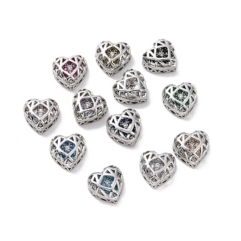 Eco-friendly Brass Cubic Zirconia Multi-Strand Links, Nickel Free, Cadmium Free & Lead Free, Heart, Platinum, Mixed Color, 10x10.5x5.5mm, Hole: 1.2mm