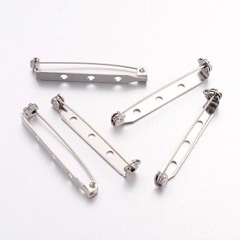 Iron Brooch Findings, Back Bar Pins, with Three Holes, Platinum, 38x5mm, Hole: 2mm, Pin: 1mm