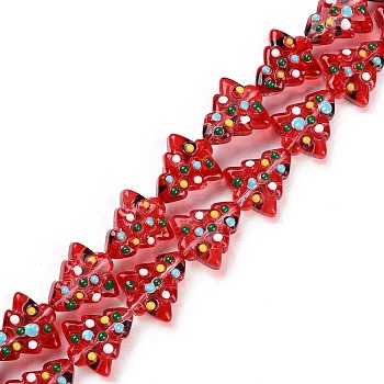 Handmade Bumpy Glass Beads Strands, Dyed & Heated, Dyed & Heated, with Enamel, Christmas Trees, FireBrick, 16~16.5x14.5~15x7~7.5mm, Hole: 1.2mm, about 22pcs/strand, 13.98~14.17 inch(35.5~36cm)